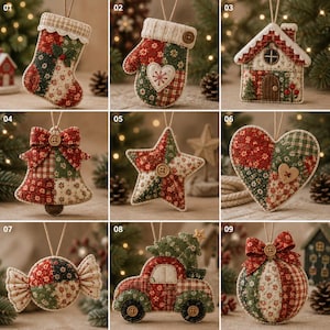 May include: A collection of nine fabric Christmas ornaments featuring patchwork patterns in red, green, and cream. The shapes include a stocking, mitten, house, bell, star, heart, candy, car with a tree, and a round bauble, all with twine hangers.