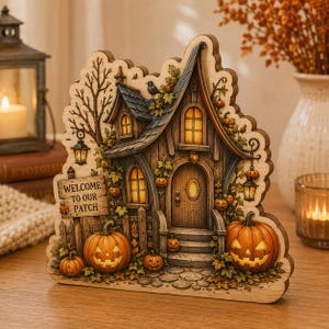 May include: A wooden decorative cutout featuring a detailed illustration of a house with a sign that reads WELCOME TO OUR PATCH. The scene includes carved pumpkins, hanging lanterns, and autumn foliage, with warm yellow light glowing from the windows.