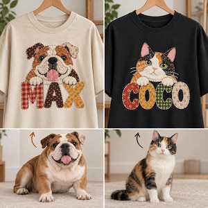 May include: A beige t-shirt featuring an embroidered bulldog and the name MAX, and a black t-shirt featuring an embroidered calico cat and the name COCO. Both shirts display the animals resting their paws on the large, patterned fabric letters.