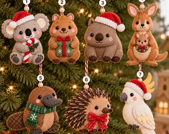 Australian Animal Christmas Felt Ornament Set, Koala Quokka Wombat Kangaroo Platypus Echidna Cockatoo, Handmade Christmas Decor RLY923-RD