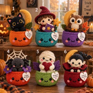 May include: Six crocheted Halloween figures in colorful pots. 1: Black cat with moon. 2: Witch with book. 3: Owl with moon. 4: Spider with web. 5: Mummy with heart. 6: Vampire with bat. Each pot has a smiling face and a heart-shaped tag with text.