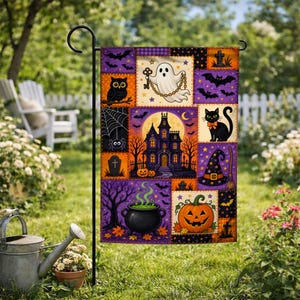 May include: A rectangular garden flag featuring a patchwork design of Halloween imagery including a ghost holding a key, a black cat, a haunted house, a spider web, a witch hat, a bubbling cauldron, and a jack-o'-lantern on a purple background.
