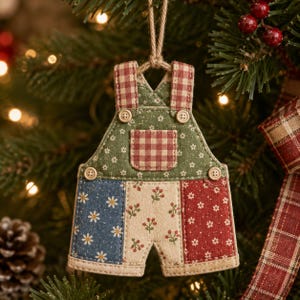 May include: A fabric overall ornament featuring a green floral bodice with a red and white gingham chest pocket and straps. The pants section consists of three vertical panels in blue with white daisies, cream with red berries, and red with white flowers.
