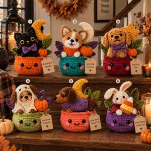 May include: Six crocheted amigurumi figures in colorful pots, including a black cat, corgi, puppy, ghost-clad dog, dachshund, and bunny. Each features seasonal accents like pumpkins, moons, stars, and tags with phrases like Purrfectly Spooky.