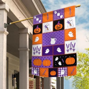 May include: A rectangular garden flag featuring a patchwork design of Halloween and lavender motifs. The pattern includes orange pumpkins, white ghosts, purple lavender sprigs, and a white pitcher on backgrounds of orange, purple, and black.