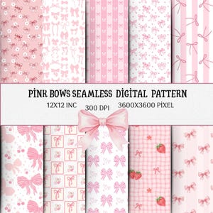 Può includere: Una collezione di motivi digitali con fiocchi rosa, righe, quadretti vichy e fragole. Il testo recita PINK BOWS SEAMLESS DIGITAL PATTERN 12X12 INC 300 DPI 3600X3600 PIXEL. Un grande fiocco rosa centrale si sovrappone ai vari disegni ripetuti.