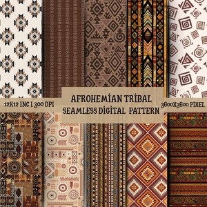 Op de afbeelding: Een digitale collectie van tien naadloze patronen met geometrische vormen, strepen en complexe tribale motieven in tinten bruin, crème, zwart en oranje. De tekst luidt AFROHEMIAN TRIBAL SEAMLESS DIGITAL PATTERN 12X12 INC I 300 DPI 3600X3600 PIXEL.
