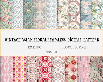 Paquete de papeles digitales asiáticos vintage / 18 patrones florales sin costuras / PNG de 12x12