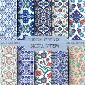 Pode incluir: Uma coleção de dez padrões digitais sem costura com intrincados motivos florais e geométricos de inspiração turca em azul, vermelho, verde-azulado e branco. A imagem inclui o texto Turkish Seamless Digital Pattern, 12x12 inch, 300 DPI, 3600x3600 pixel.