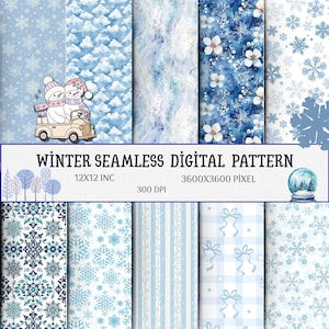 Op de afbeelding: Een collectie naadloze digitale winterpatronen met blauwe en witte ontwerpen, waaronder sneeuwvlokken, sneeuwpoppen in een auto, wolken, bloemmotieven, strepen en ruiten. De tekst luidt WINTER SEAMLESS DIGITAL PATTERN 12X12 INC 3600X3600 PIXEL 300 DPI.