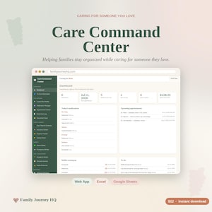 May include: A digital dashboard interface titled Care Command Center, featuring a dark green sidebar with navigation links and a light beige main area displaying medication schedules, upcoming appointments, and to-do lists for care management.