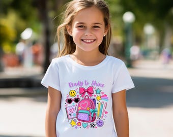 Maglietta con zainetto "Pronti a brillare" e disegni / Grafica per materiale scolastico per bambini