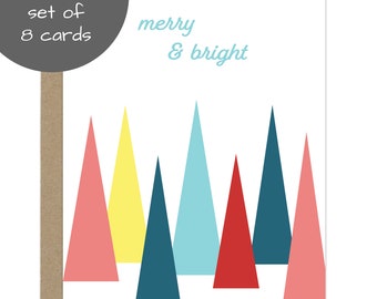 Cute Christmas Card Pack, Merry and Bright Holiday Card Set of 8 - Colorful Trees