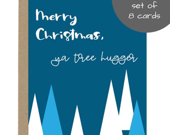 Funny Christmas Cards Pack, Funny Holiday Card Set of 8 - Tree Hugger