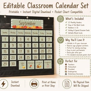 May include: An editable classroom calendar set featuring a black pocket chart with sage green gingham cards for months, days, and numbers 1-31. The set includes text headers for September, days of the week, and special occasion cards with autumn graphics.