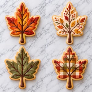 May include: Four leaf-shaped sugar cookies decorated with royal icing. One features a gradient of orange and red, another has a delicate tree branch design, one is solid olive green with gold speckles, and the last has a red, orange, and green plaid pattern.