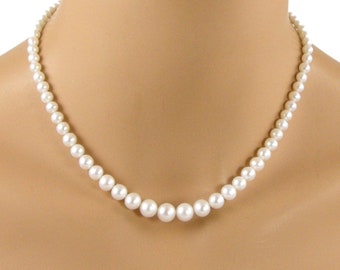 Graduated Pearl Necklace, Classic Pearl Strand Necklace, White Pearl Necklace