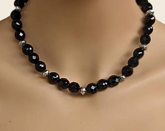 Black Onyx Necklace, 10mm Faceted Gemstone Beads, Silver Statement Jewelry