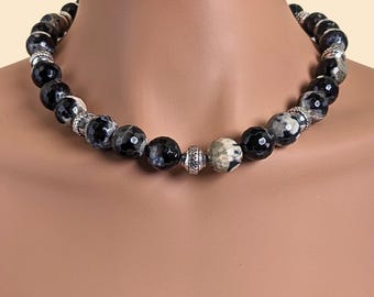 Black & Cream Agate Statement Necklace
