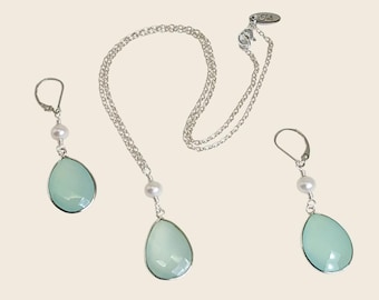 Blue Chalcedony Pearl Jewelry Set, Sterling Silver Necklace and Earrings