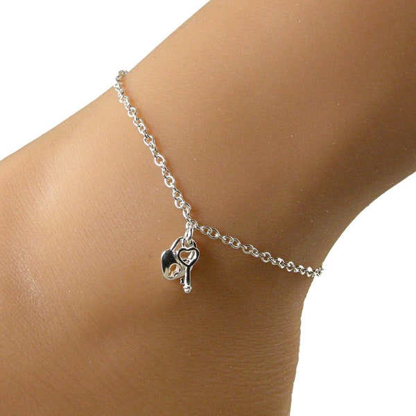 Dainty Lock and Key Anklet, Sterling Silver Lock and Key Anklet, Silver Chain Anklet, Gift for Her, Valentine Day Gift