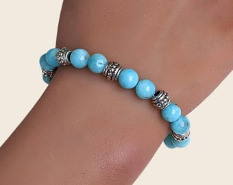Amazonite Gemstone Bracelet with Silver Beads, Blue Stone Bracelet for Her