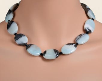 Amazonite Onyx Statement Necklace, Earth Tone Gemstone Jewelry