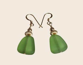 Green Sea Glass Earrings, 14k Gold Filled Beads, Dainty Coastal Jewelry Gift