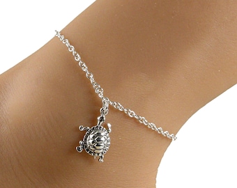 Sterling Silver Turtle Anklet, Sterling Silver Chain Anklet, Turtle Ankle Bracelet