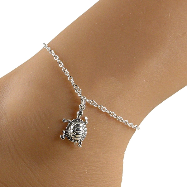 Sterling Silver Turtle Anklet, Sterling Silver Chain Anklet, Turtle Ankle Bracelet