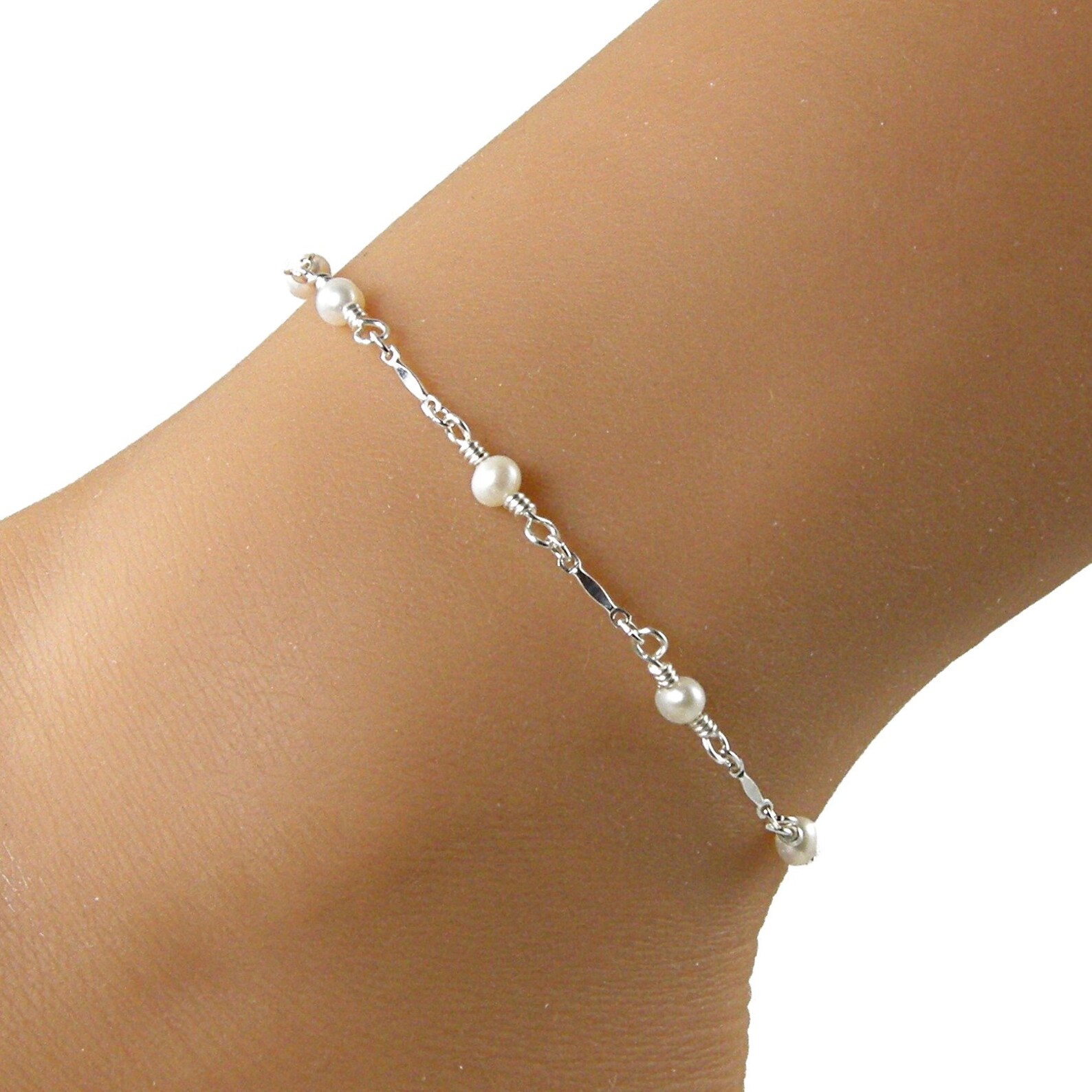 Dainty Pearl Sterling Silver Chain Anklet Pearl Anklet Etsy