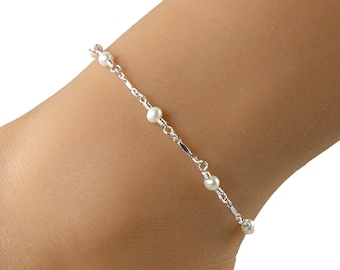 Dainty Pearl Sterling Silver Chain Anklet, Pearl Anklet, Silver Anklet, Gift for Her