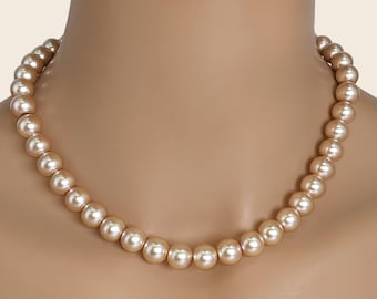 Champagne Pearl Necklace 10mm Faux Pearls Sterling Silver Clasp