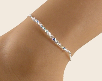 Cavigliera con cristalli Swarovski AB trasparenti, delicata cavigliera iridescente in argento sterling