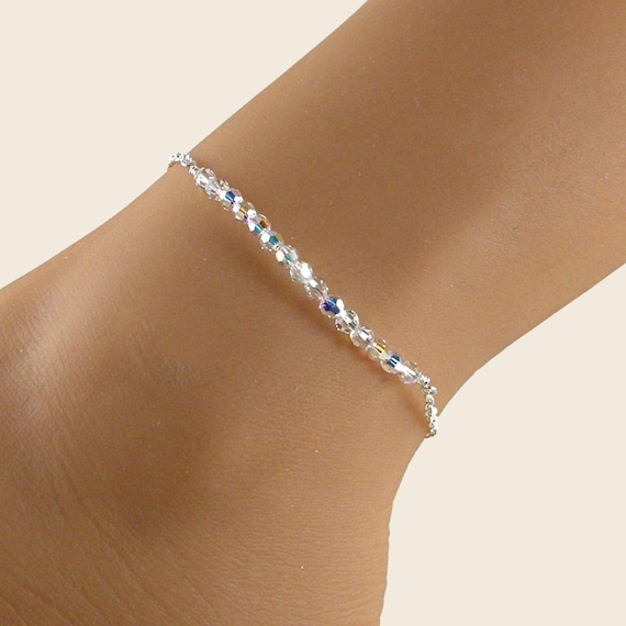 Clear AB Swarovski Crystal Anklet, Sterling Silver Dainty Iridescent Anklet