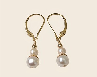 Dainty Freshwater Pearl Earrings, 14k Gold Filled Lever Back Earrings, Gift for Her