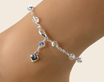 Cavigliera con cristalli AB trasparenti, argento sterling, un piccolo regalo blu per lei.