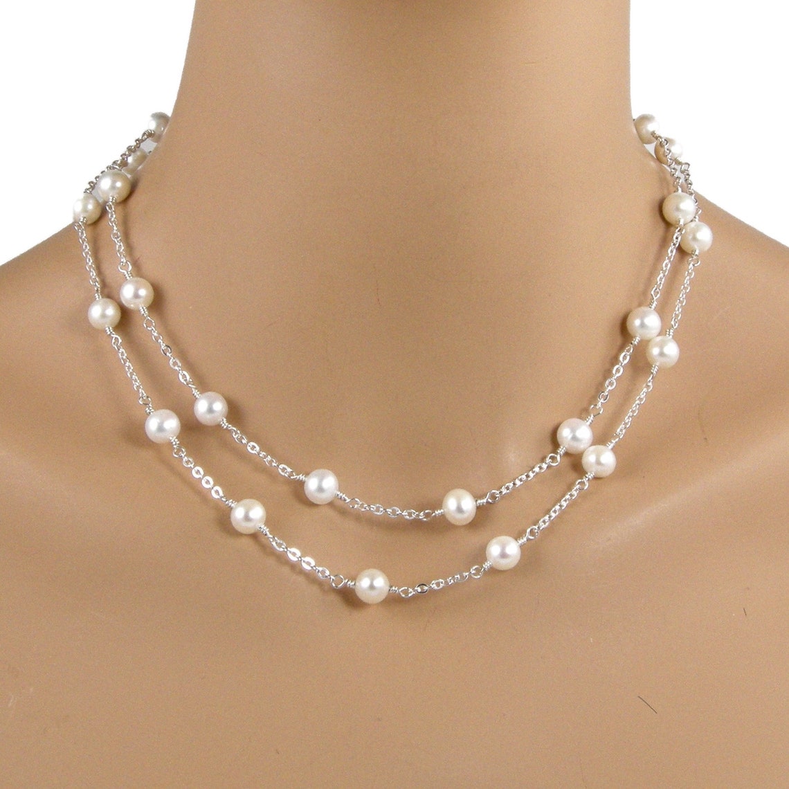 Long Tin Cup Necklace, White Pearl Sterling Silver Necklace, White