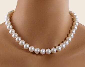 10mm Freshwater Pearl Necklace, White Statement, 14k Gold Filled Accents