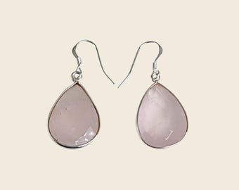 Rose Quartz Earrings, Sterling Silver Teardrop Gemstone Earrings, Gift for Her