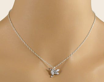 Sterling Silver Crystal Hummingbird Necklace, Dainty Bird Lover Gift for Her