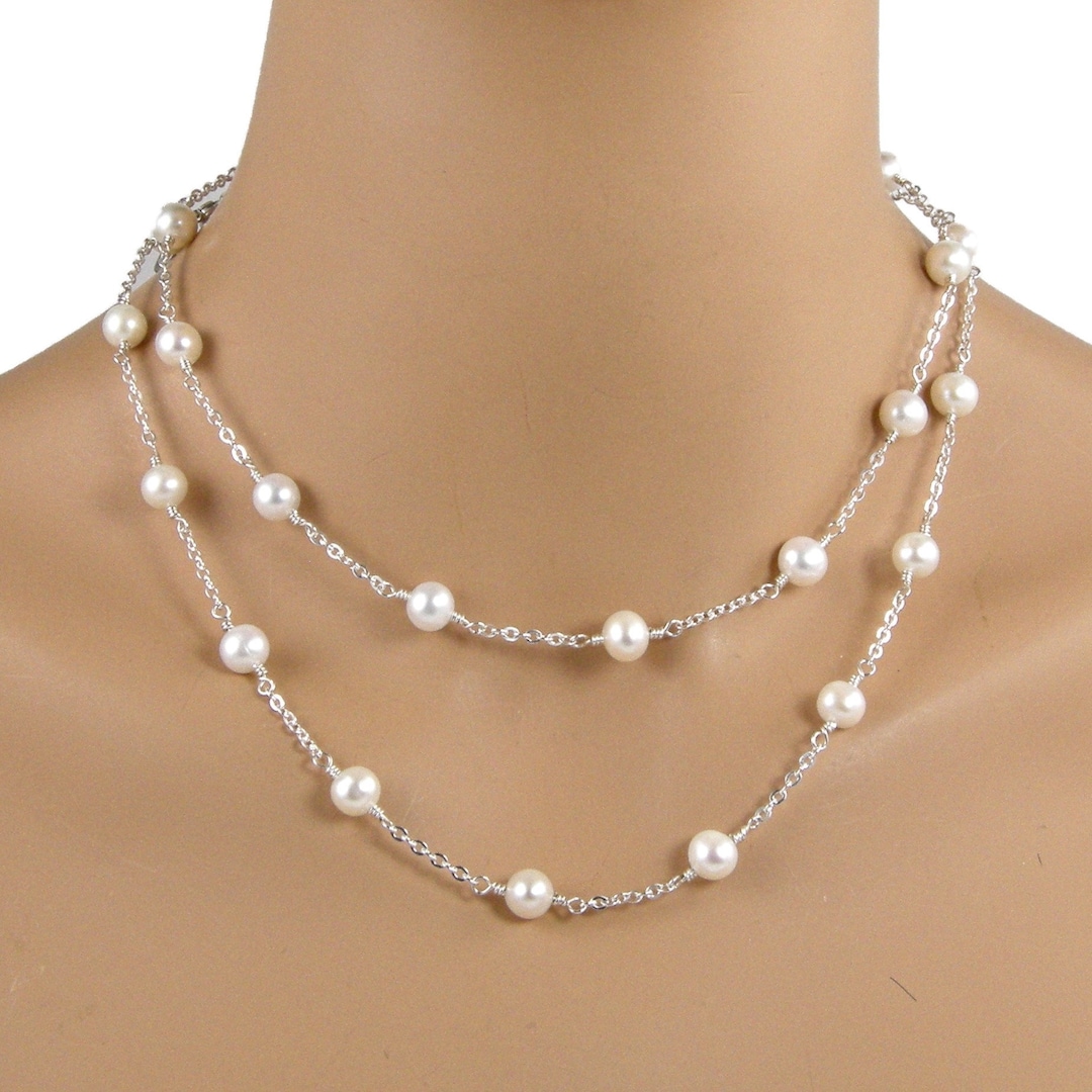 Long Tin Cup Necklace, White Pearl Sterling Silver Necklace, White