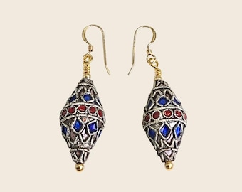 Red Blue Light Gold Geometric Cloisonné Dangle Earrings, 14k Gold Filled Earring Hooks