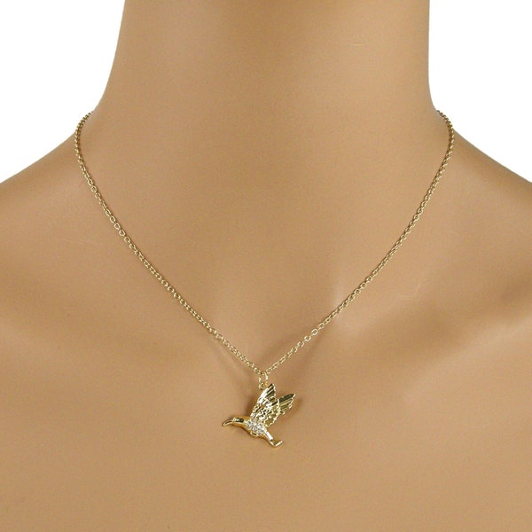 Gold Blue Crystal Hummingbird Pendant Necklace main image 1