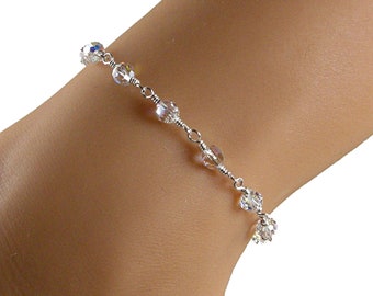 Clear Swarovski Crystal Sterling Silver Anklet, Swarovski Ankle Bracelet, Crystal Anklet, Beaded Anklet