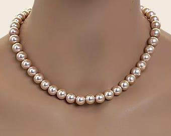 Champagne Pearl Necklace 10mm Faux Pearls Sterling Silver Clasp