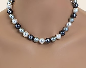 Gray Pearl Statement Necklace 12mm Faux Pearls Sterling Silver