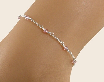 Pink Swarovski Crystal Anklet, Dainty Sterling Silver Ankle Bracelet Gift for Her