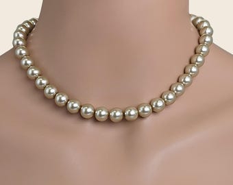 Taupe Pearl Necklace, Beige Faux Pearl Strand, Sterling Silver Classic Jewelry Gift
