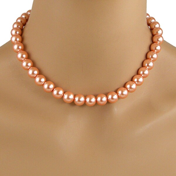 Orange Swarovski Pearl Necklace, 10mm Pearl Necklace, Orange Pearl Necklace, Large Pearl Necklace